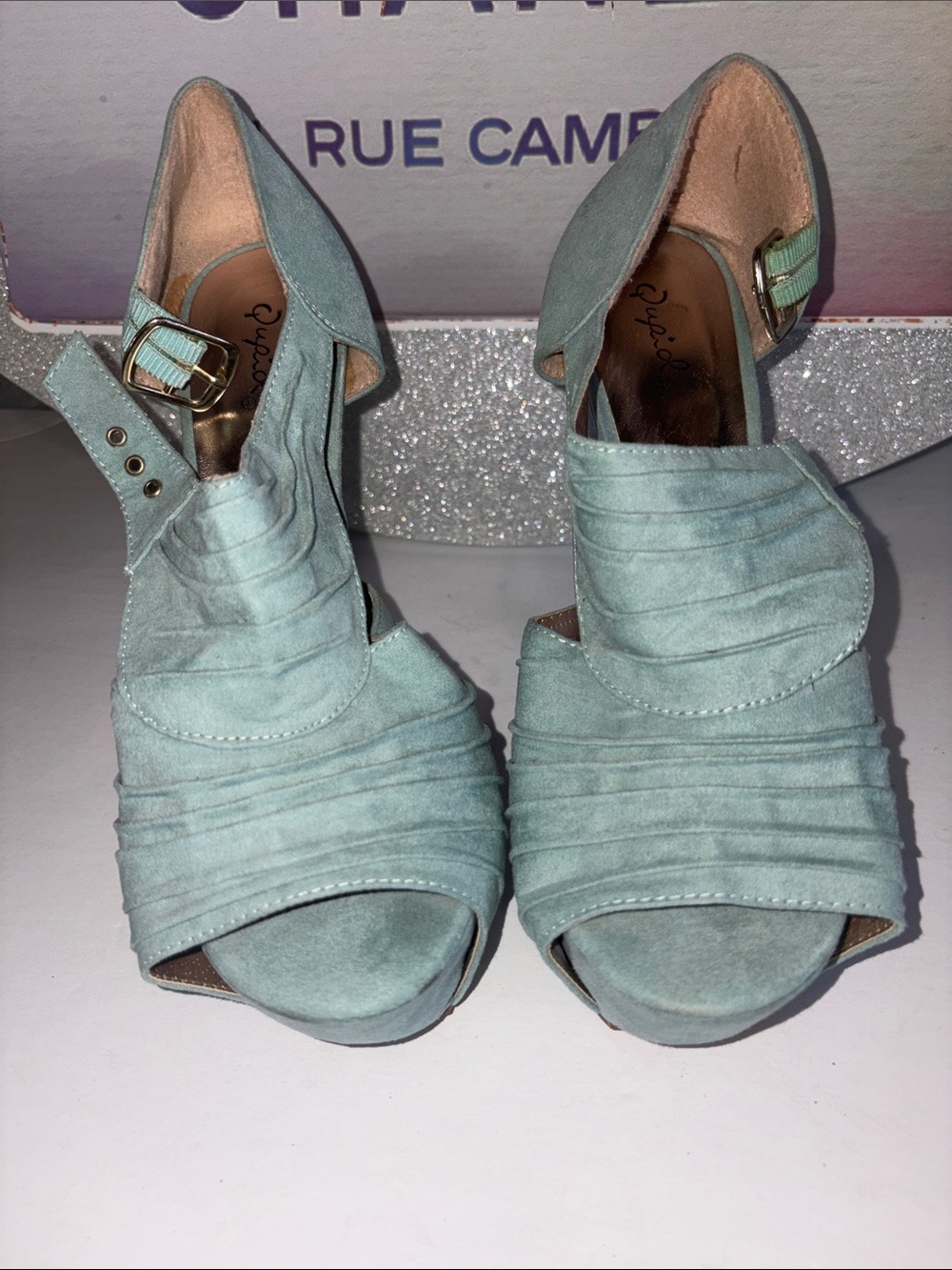 Qupid Mint Green Suede Peep-Toe Ankle Strap Heels